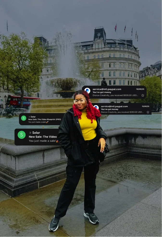 Dionce in Trafalgar Square, London, overlaid with PayPal payment and Selar sale notifications.