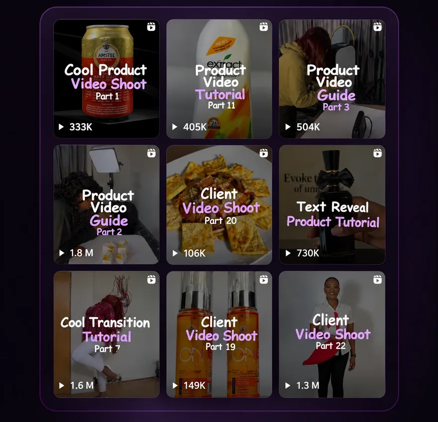 Nine of Dionce's reels: product video shoots, tutorials and client work, with view counts from 106K to 1.8M