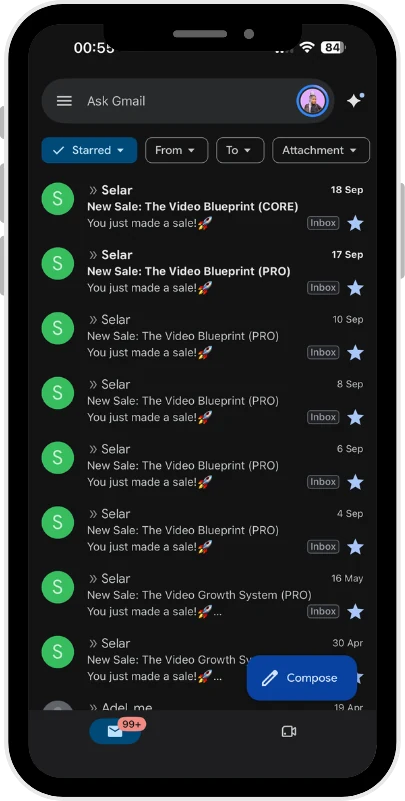 A phone inbox of Selar sale emails, each reading: New Sale - The Video Blueprint, you just made a sale